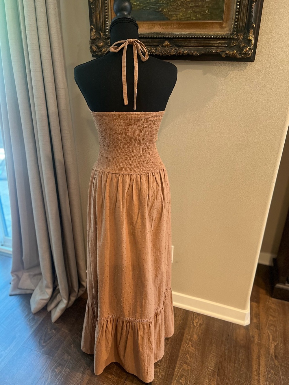 Swiss Dot Halter Maxi Dress Smocked Top Ruffle Tiered Skirt Cottagecore Romantic - Picture 2 of 7